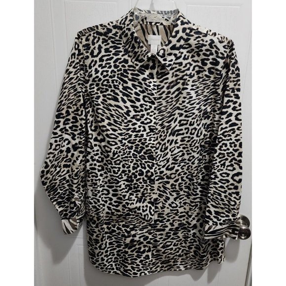 Chico's Women's Long Sleeve No Iron Button Up Tunic Top Animal Print Size 2 (L) - Picture 1 of 10